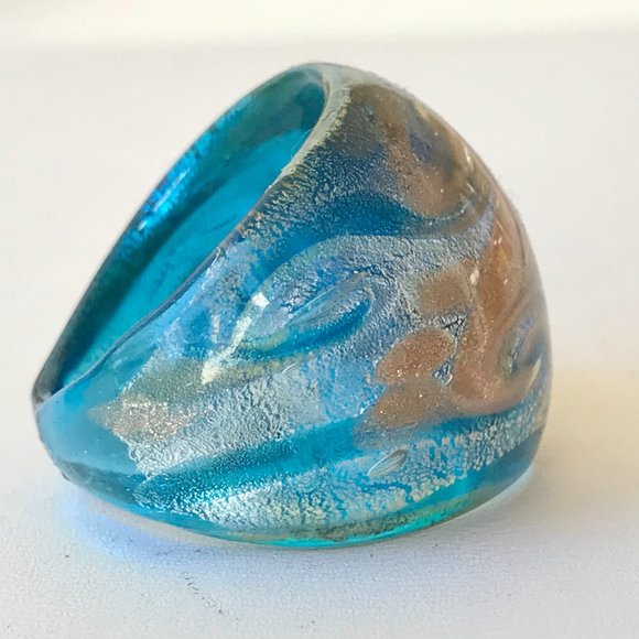 Murano Style Glass Dome Cocktail Ring Size 7 Aqua Blue Metallic - Picture 5 of 12